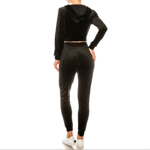 Black Two Piece Velvet Zipper Jacket with Joggers Pants Set - Picture 3 of 4